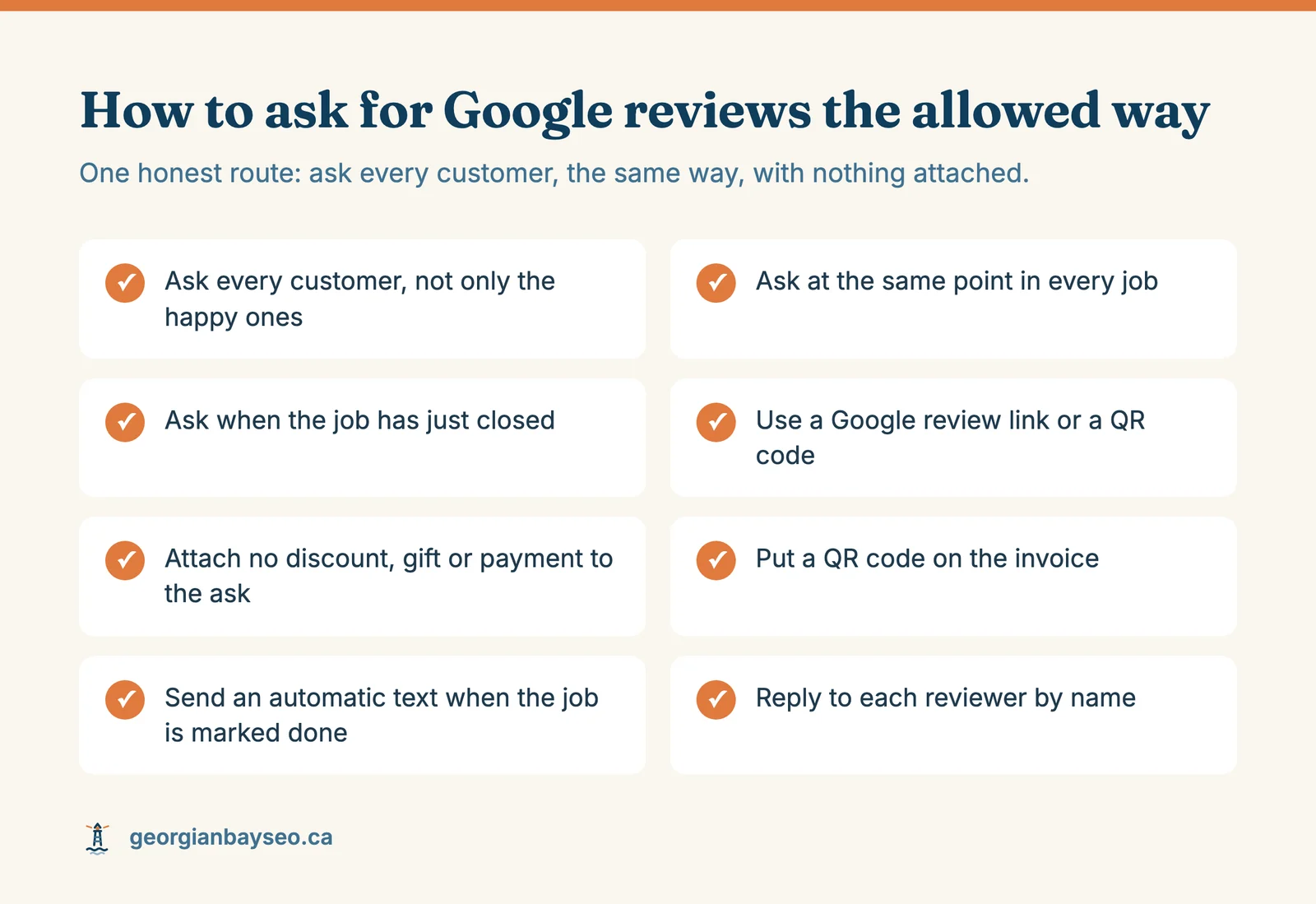 A checklist of six things to do when asking for Google reviews: ask every customer, ask when the job closes, use a direct link or QR code, attach nothing, and keep the ask the same.