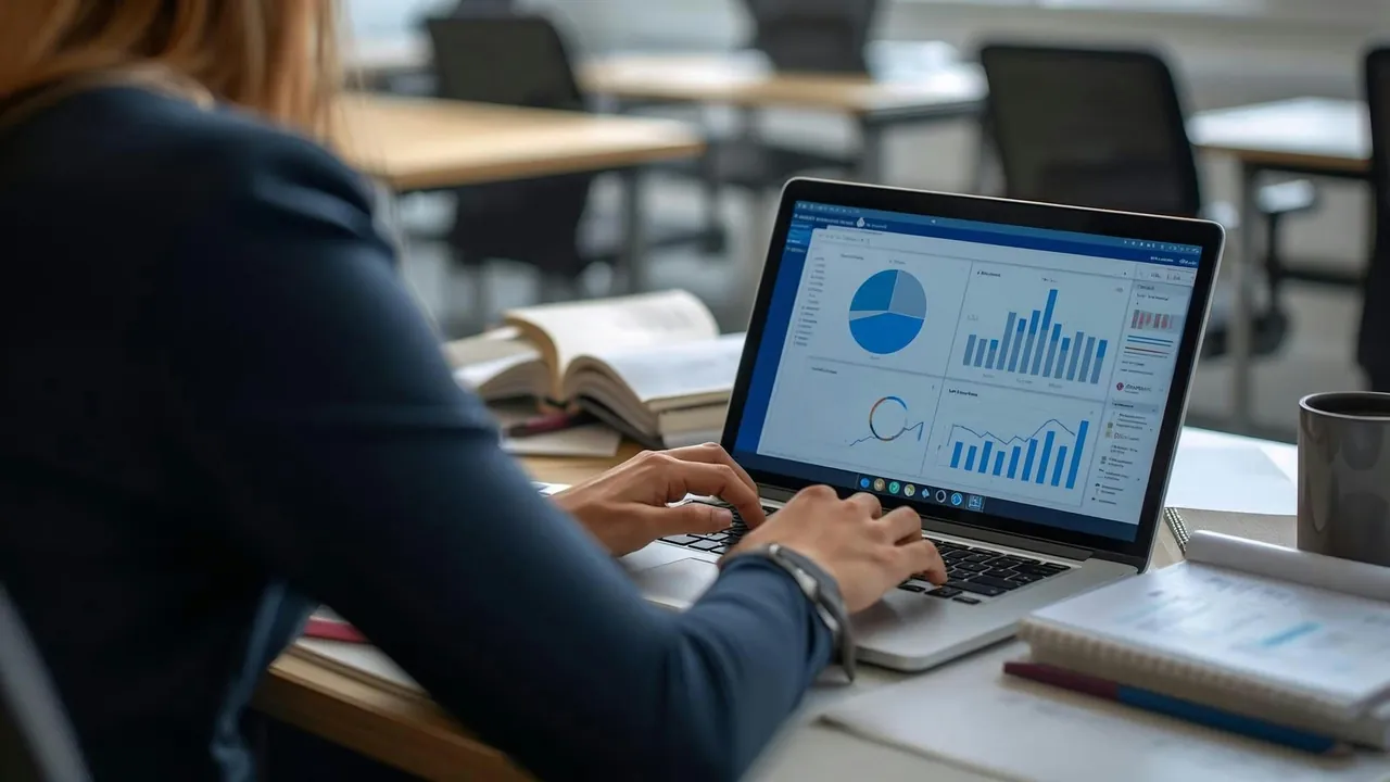 A person working on a laptop that shows business charts.