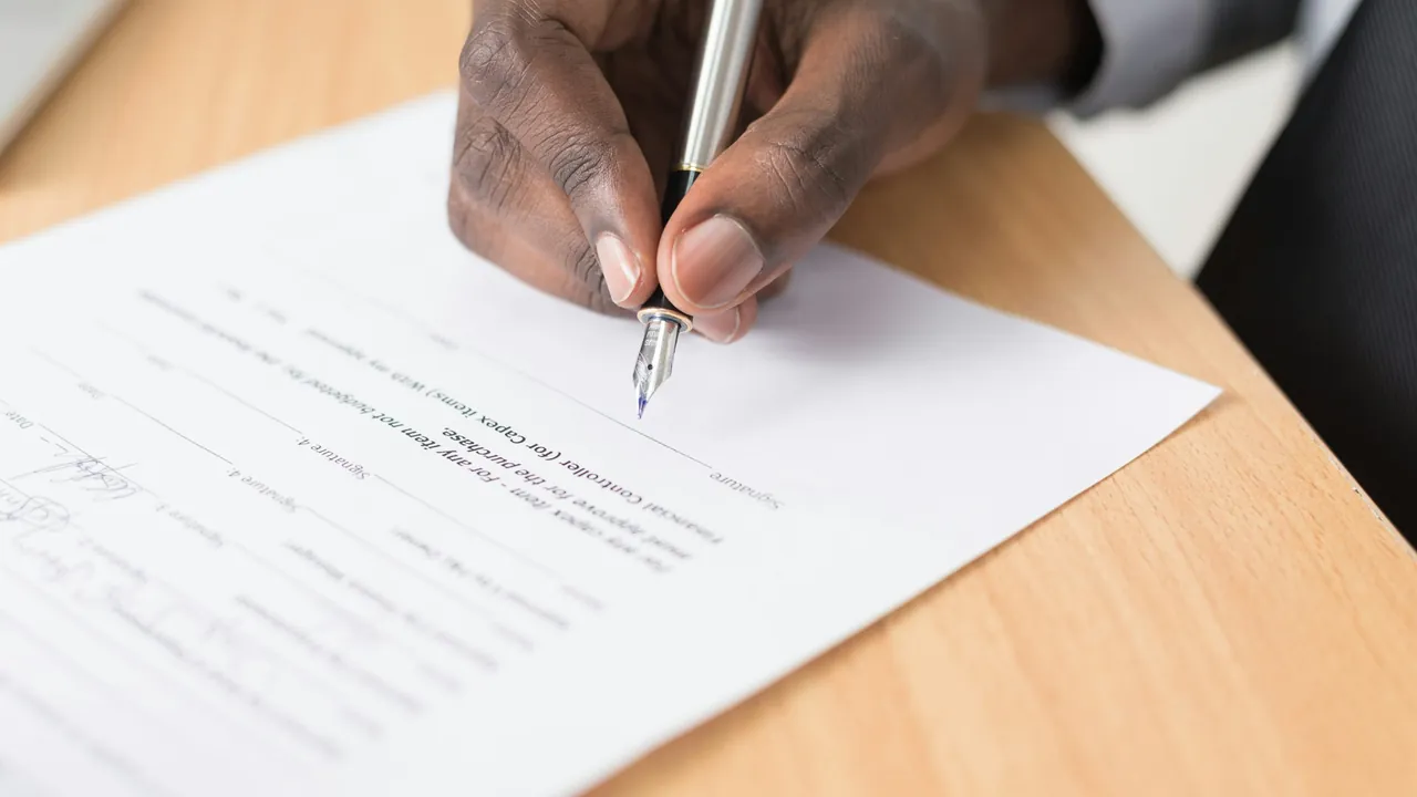 A hand holding a fountain pen signs a printed agreement on a light wooden desk.
