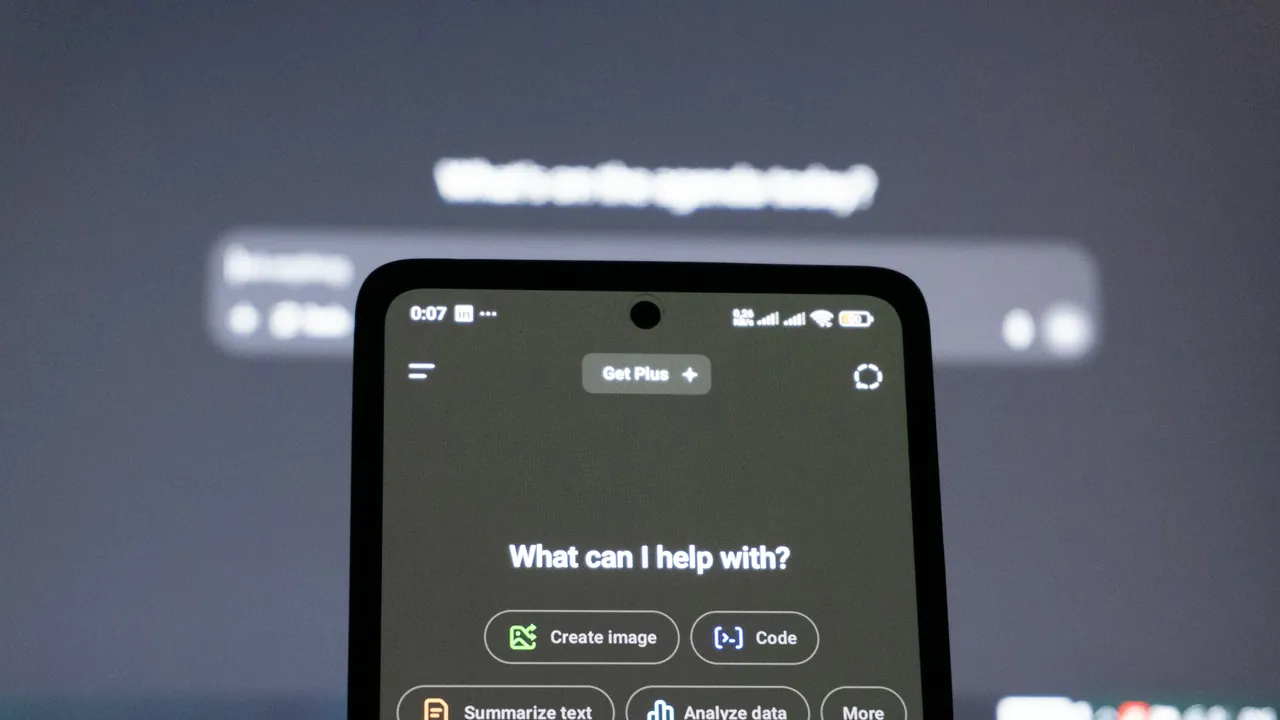 A phone showing the ChatGPT app asking what it can help with.