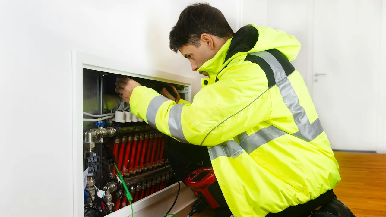 A technician in a yellow high-visibility jacket kneels beside a wall cabinet and works on a heating manifold with red valves.