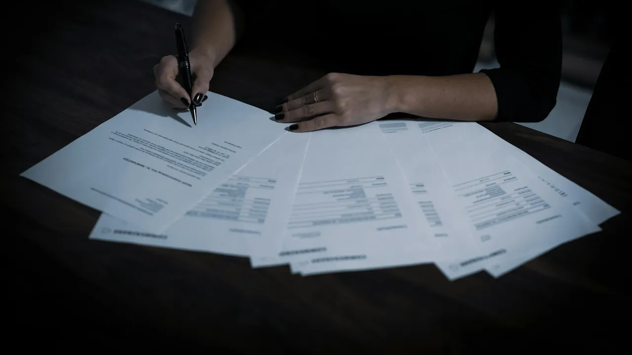 A person signs one of several printed pages laid out on a dark desk, with a pen in hand.