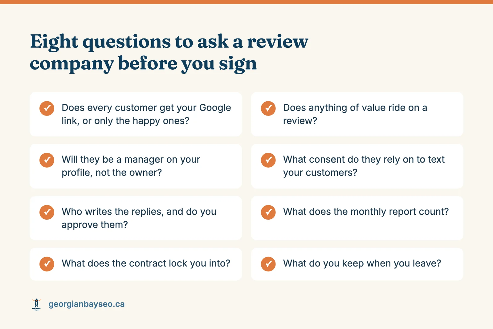 A checklist of eight questions to ask a review management company before signing, covering the Google link, rewards, profile access, texting consent, replies, reports, contract terms and what you keep.