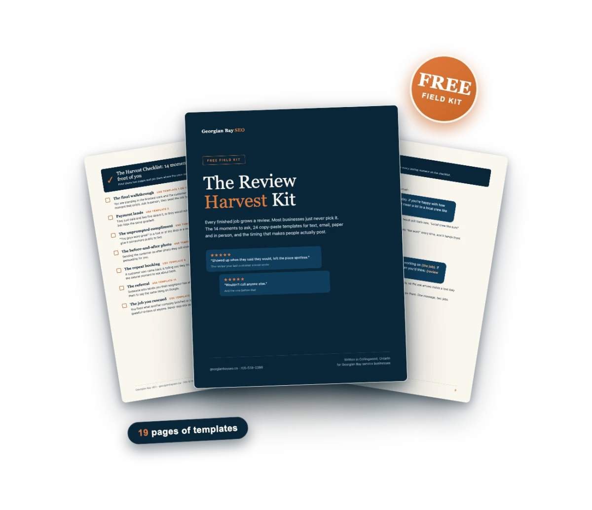 The Review Harvest Kit, a free 19-page PDF of Google review ask templates, checklists, and reply scripts